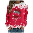 thumbnail image 2 of Chandails en Molleton de Noël pour Femmes : Rétro Verre à Vin Rouge Scintillant Graphique Chemise à Manches Longues Xmas Bonhomme de Neige Colorblock Chandail Tops, 2 of 5