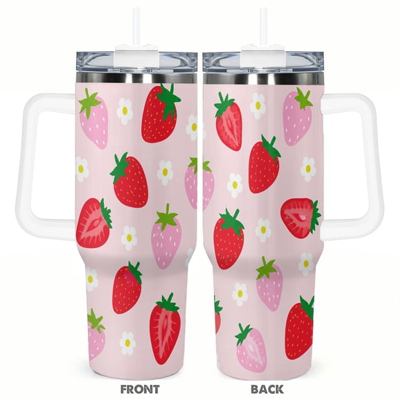 40oz Strawberry Floral Tumbler with Handle and Straw Cute Fruit Pattern Insulated Car Cup Stainless Steel Travel Coffee Cup Gift