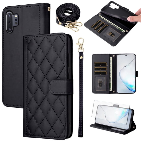 Furiet Wallet Case for Samsung Galaxy Note 10 Plus Note10 5G with Tempered Glass Screen Protector Wrist Strap Shoulder Strap, Card Slots Phone Cover for Note10 Notes 10 Ten Not S10 10Plus Black