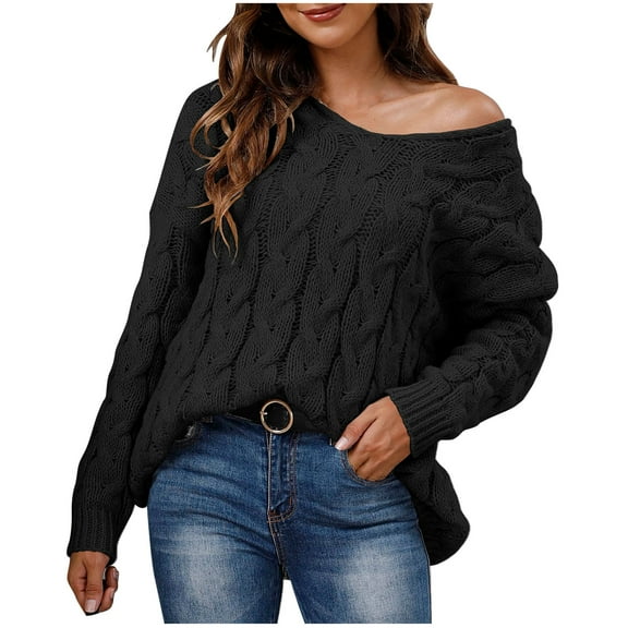 Htigea Womens Hooded Sweaters Cable Knit Long Sleeve Hoodies Oversized Casual Pullover Tops Solid Sweater Black L