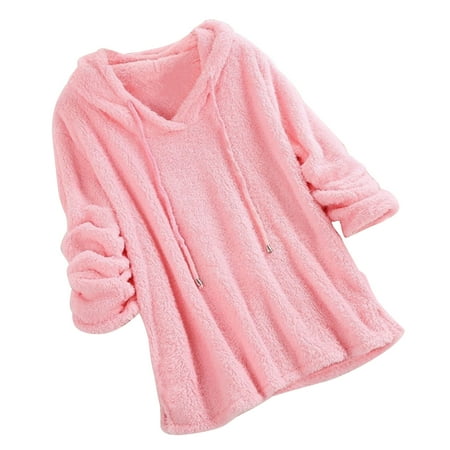

TXRLCON Plus Size Autumn Winter Women Long Sleeve Hooded Plush Fluffy Hoodies Fleece Pullover Pajama Loose Hoodie Top New Pink S