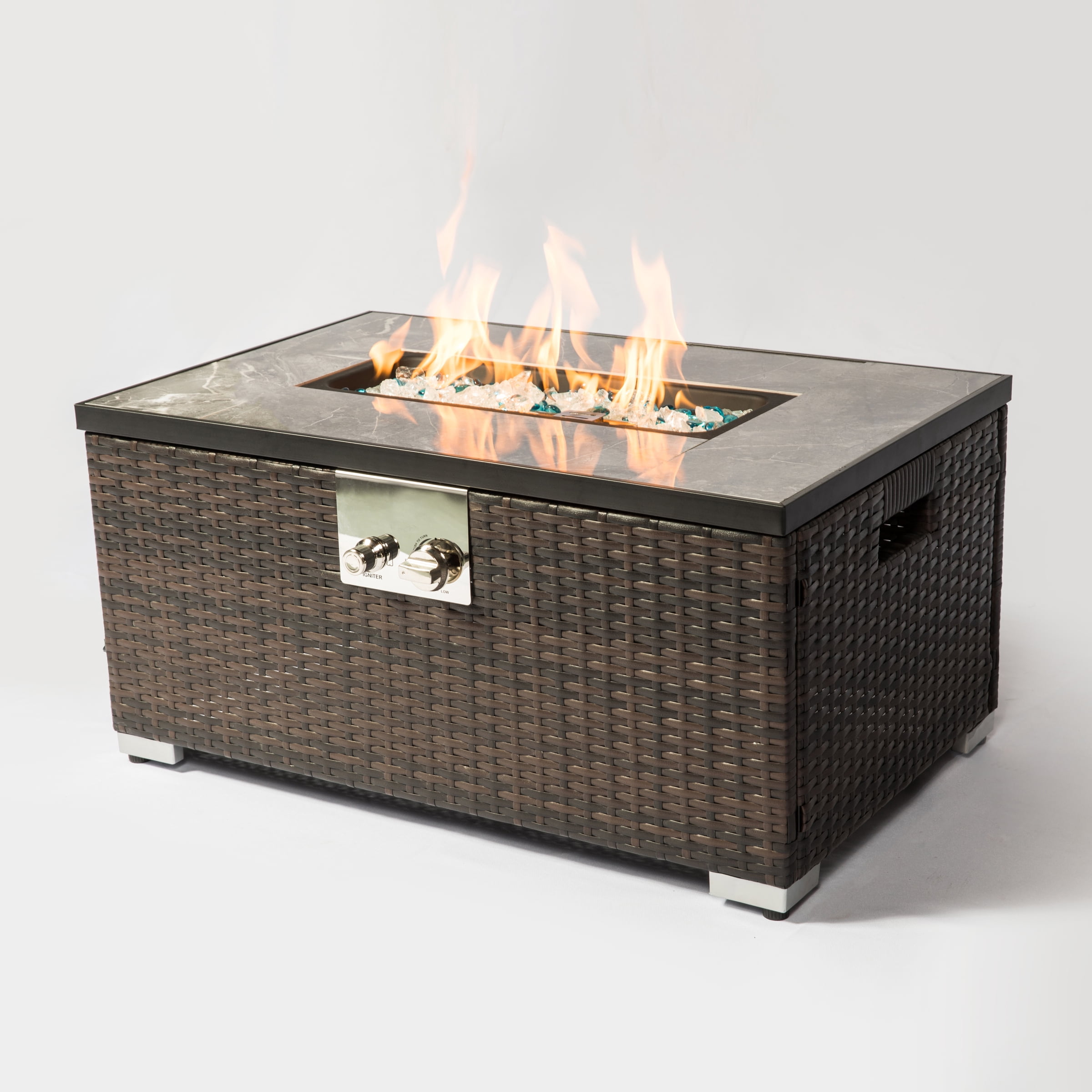 Olurrisa 32" Propane Gas Fire Pit Table, 50000 BTU Rectangular Fire Pit, Tile Tabletop with Beautiful Wicker Base for Outside Patio Deck Garden Courtyard-Brown