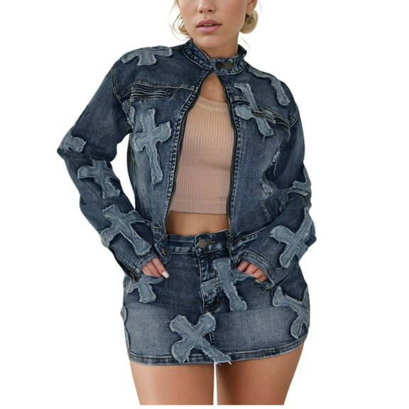 DHFJKG Women's 2 Piece Outfits Denim Skirt Sets Vintage Long Sleeve Stand Collar Zip Up Crop Top Mini Bodycon Matching Set Soft Outfit