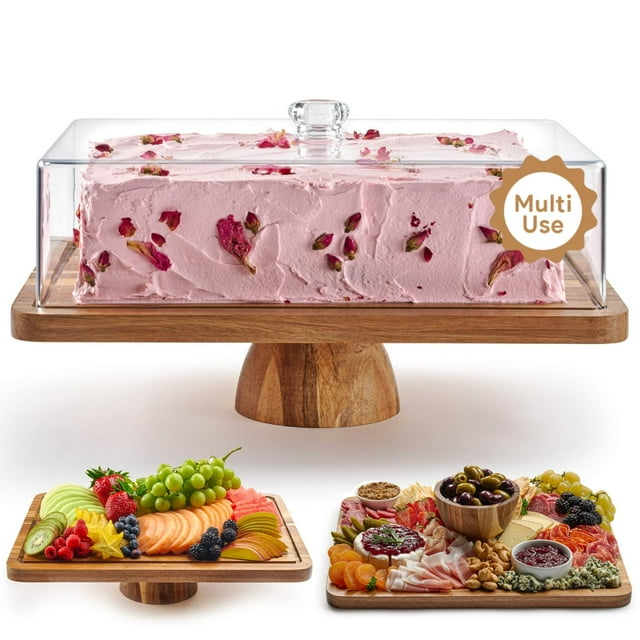 Homesphere Soporte para tartas de madera de acacia con tapa, soporte rectangular para tartas 2 en 1, juego de mesa de postre y tabla de charcutería para patatas fritas de queso, plato de frutas, cubie