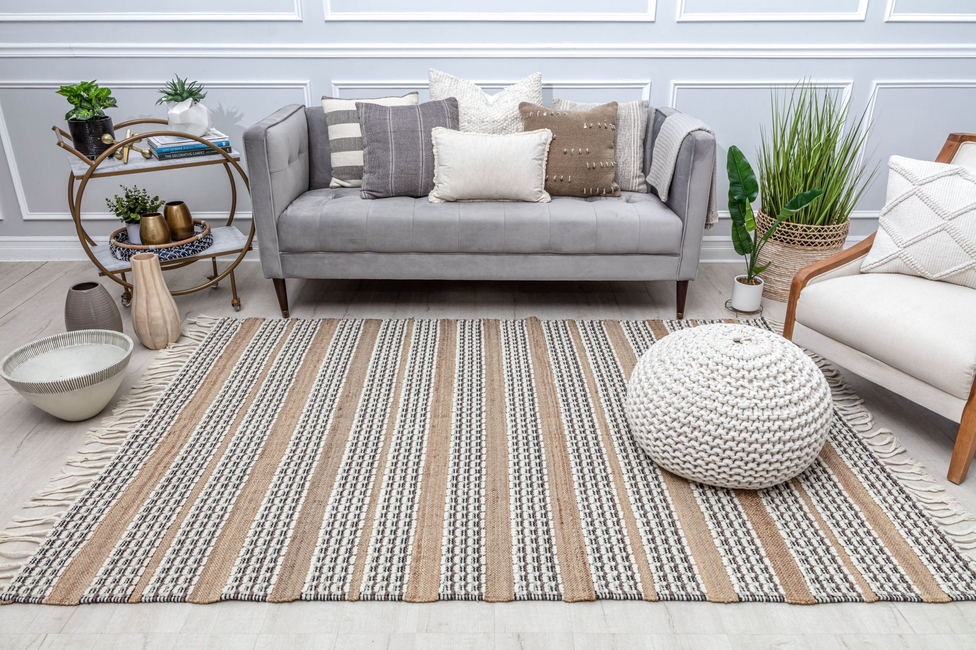 Rugs America Ribbon Refresh PI10A Textured/Stripe Farmhouse Brown Area Rug, 2’0”x3’0”