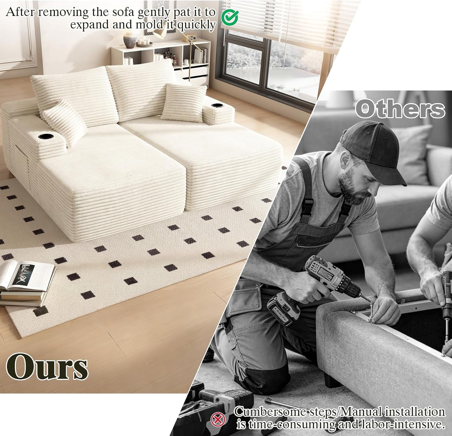 76 Inch Deep Seat 2-Seater Recliner Sofa Bed with Cup Holders, No Assembly Needed, Beige