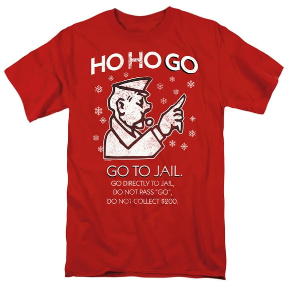 Monopoly Ho Ho Go To Jail Christmas Unisex Adult T Shirt, Red, Medium