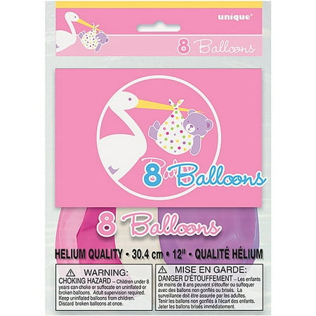 Stork Baby Girl Pink 12 inch Printed Latex Balloons (8 ct)