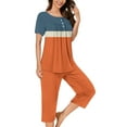 thumbnail image 2 of Cavosen Lounge Sets for Women 2 Piece Pajamas Button Front Pleated Soft Sleepwear Short Sleeve Crewneck Pullover Tops Capri Nightwear Color Block Loungewear with Pocket Orange S, 2 of 5