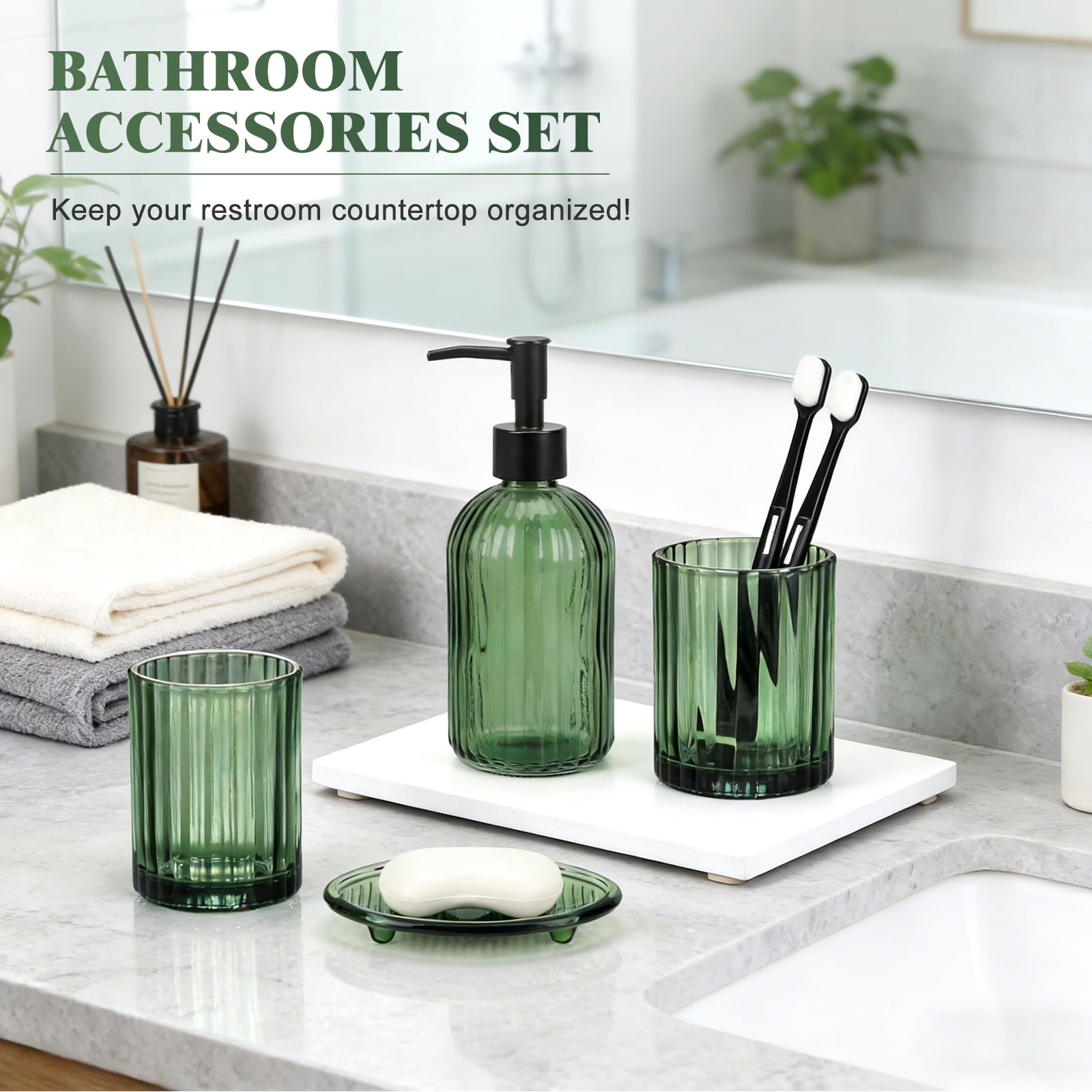 Bathroom Accessories Set, 4Pcs Kitchen Glass Soap Dispenser Set ,with Soap Dispenser , Soap Dish, Tumbler, for Bathroom Vanity Decor,Green