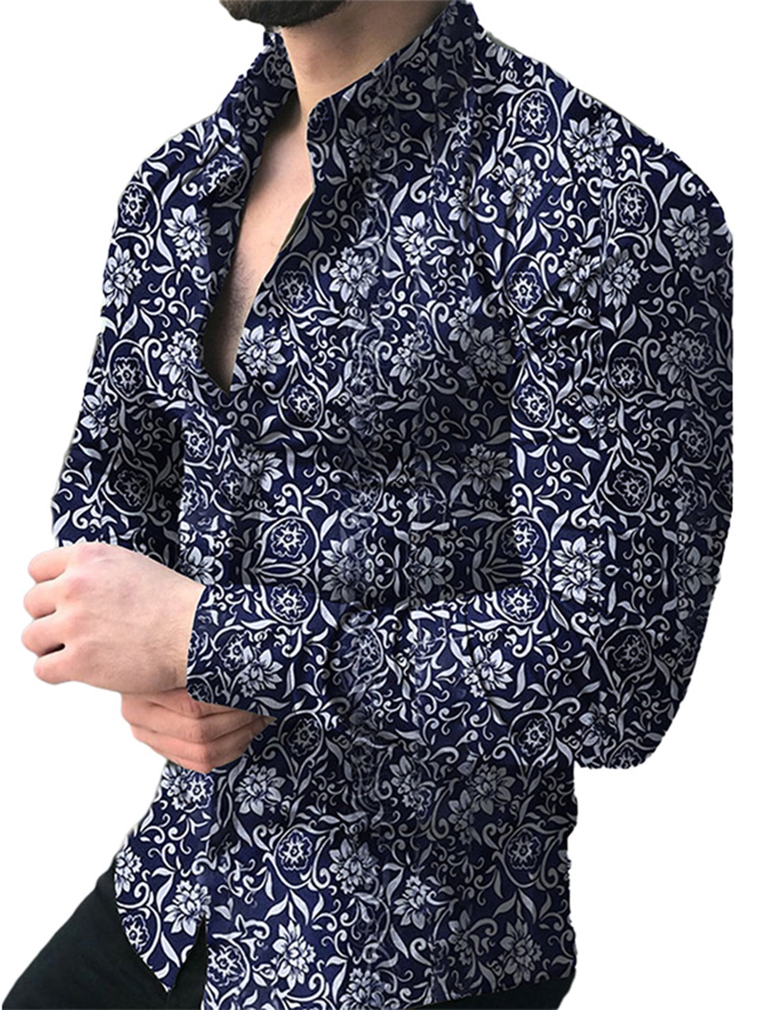 Mfasica Men Spring/Fall Long Sleeve Floral Printing Classic-Fit Dress Shirts 