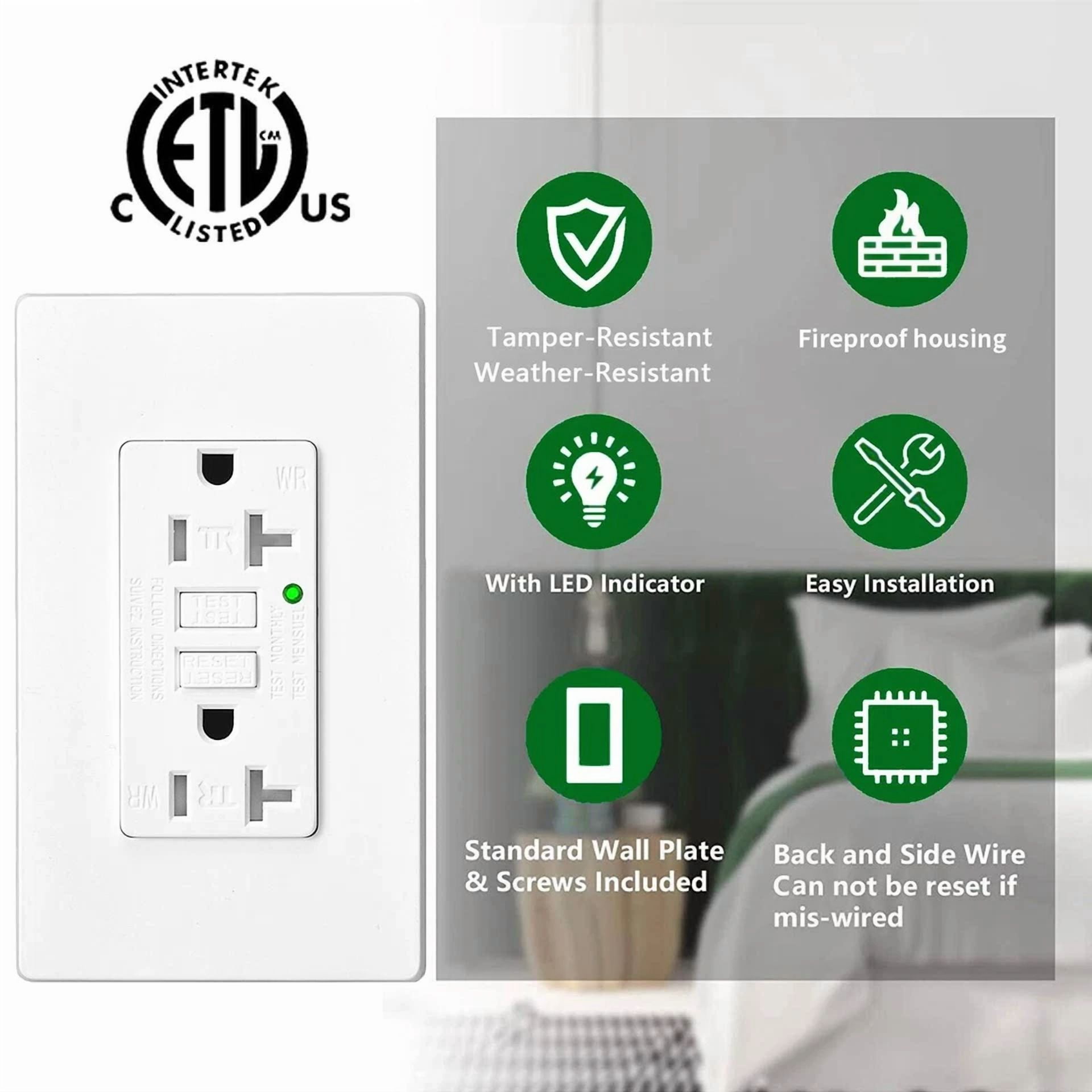 Gfi Gfci Outlet 20 Amp Ground Fault Receptacle Tamper Resistant With Wall Plate