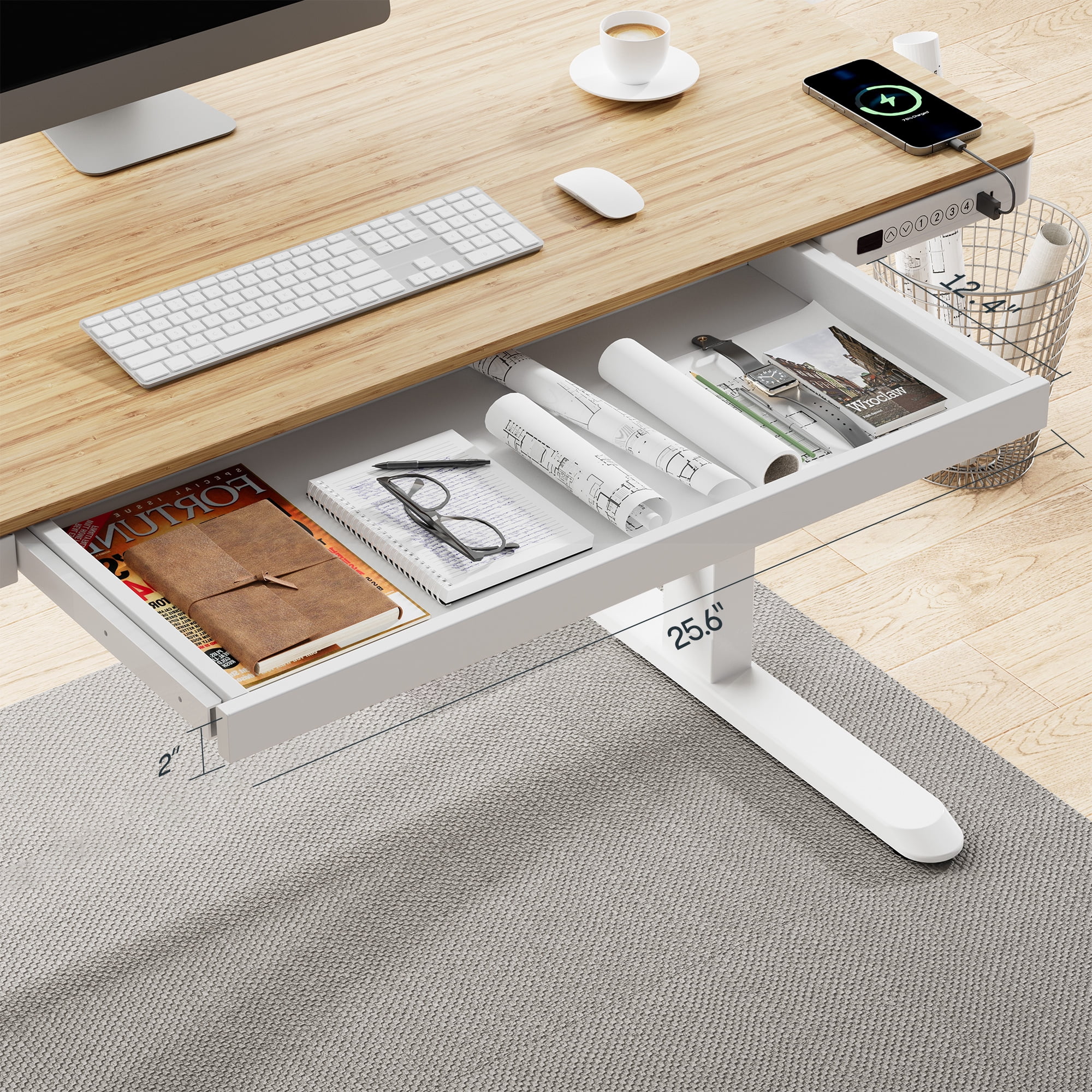FLEXISPOT 48" W Home Office Height Adjustable Standing Desk White and Maple with USB Charge Ports and Embedded Drawer