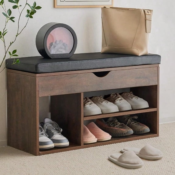 31 Inches Storage Bench Shoe Bench With Flip Top Storage Space And Padded Cushion Wooden Entryway Bench For Entryway Living Room 2Tier Shoe Rack Organizer Brown
