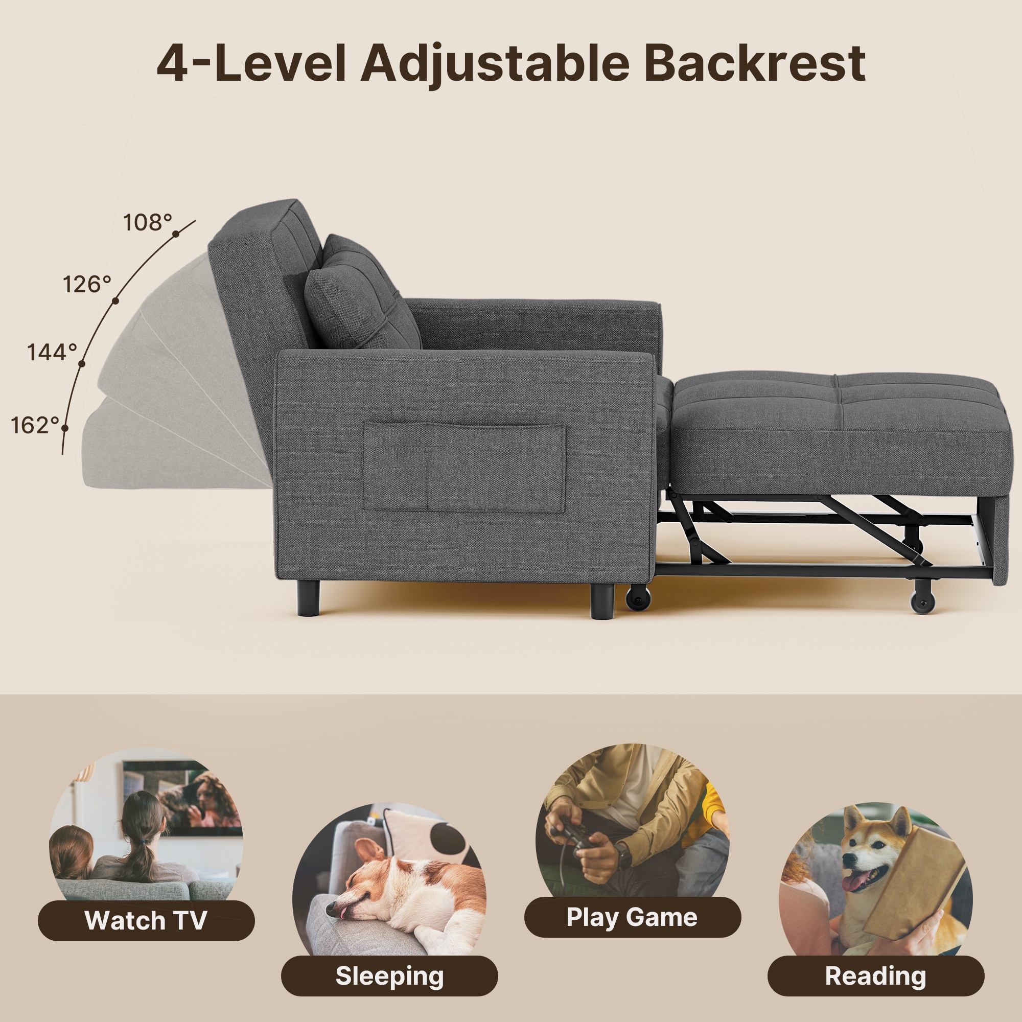 Sofa Bed Chair Convertible, Sleeper Chair with Pull-Out Bed, 3-in-1 Futon Couch with Reclining Backrest and Side Pocket, Dark Grey