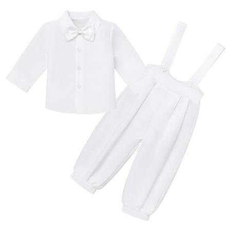 

IBTOM CASTLE Baby Boy White Suit One-Piece Short Sleeve Shirt & Suspenders Short Pants & Bowtie 3pcs Formal Suit Cake Smash Baptism Outfits 3-6 Months White-Long Sleeve