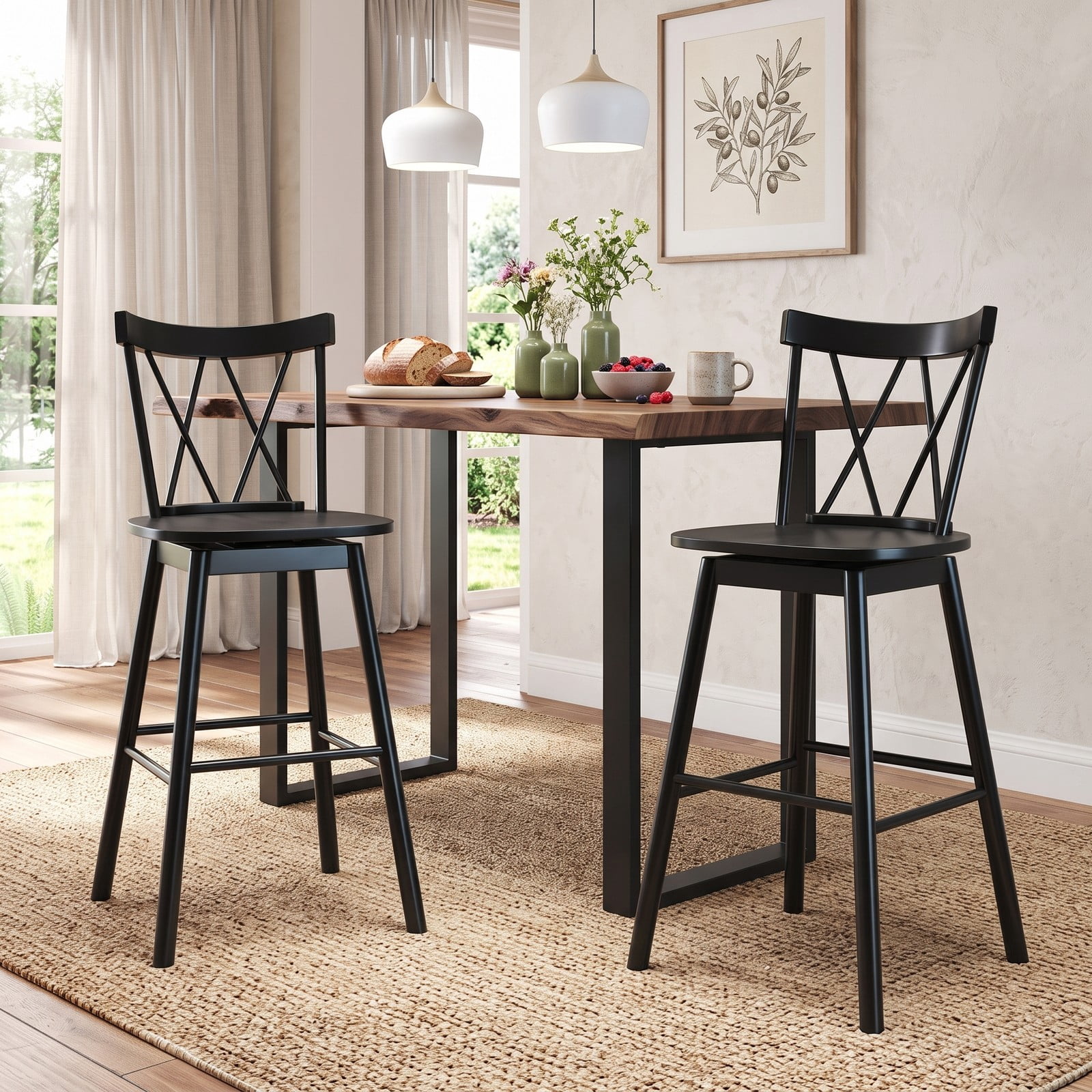 Furnibear Set of 2 Windsor Bar Stools 29 Inch Swivel Counter Height Stools with Ergonomic Backrest and Footrest, Rubber Wood Kitchen Island Dining Chairs, Black