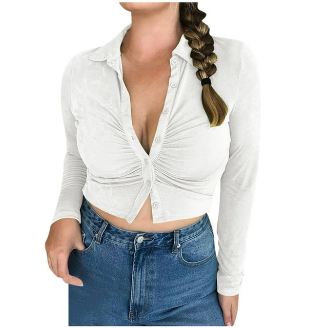 AherBiu Crop Tops for Women Trendy Long Sleeve Ruched Collared Button up Shirts Slim Tight Going out Tops