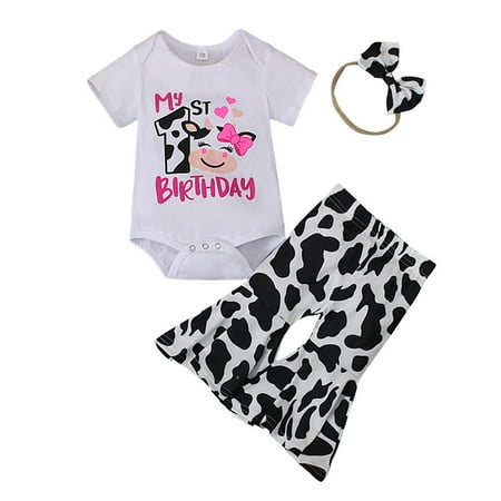 

TJAZFJPA Newborn Girl Photoshoot Outfits Christmas Children European and American Summer Cow Print Triangle Climbing Dress + Leopard Print Bell Bottom Pants Headband/Three Piece Children s Suit