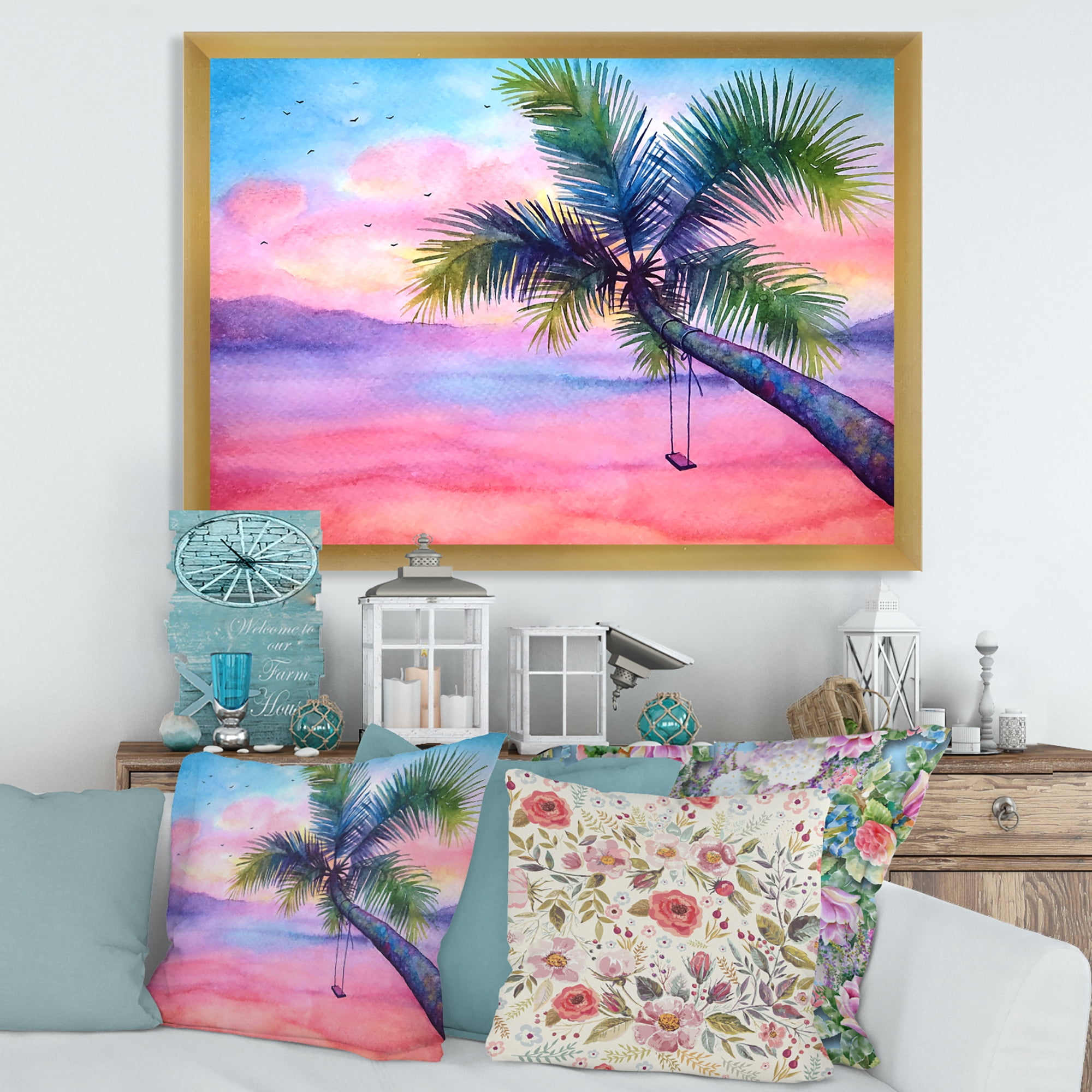 Designart 'Vivid Sunset Landscape With Swing and Palm' Nautical & Coastal Framed Art Print