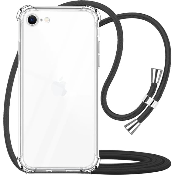 Crossbody Case for iPhone SE 2022 2020,Clear Case for iPhone 7,Phone Case for iPhone 8,Transparent TPU Soft Slim Non-Yellowing Shockproof Case with Neck Cord Lanyard Strap - Black
