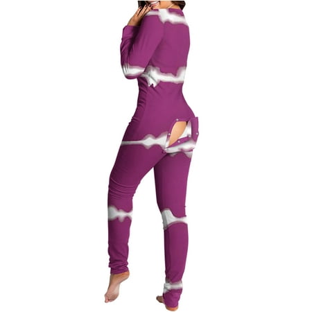 

Long Sleeve Onesies Rompers Womens Fashion Butt Flap Pajamas Functional Buttoned One Piece Bodysuit Jumpsuit (Small Purple 01)