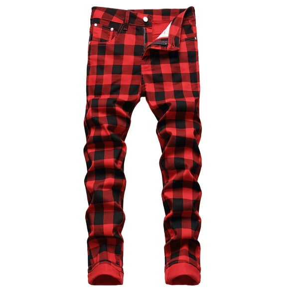 Ketyyh-chn99 Wide Leg Jeans 2024 Regular Loose Fit Pants Shorts Male Casual Mid Waist Tight Jeans Pant Plaid Print Zipper Fly Pocket Pencil Pant Trousers Red,36