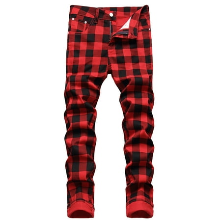 Mens Jeans Regular Fit Comfort Waist Regular Fit Jeans Plaid Print Red 36