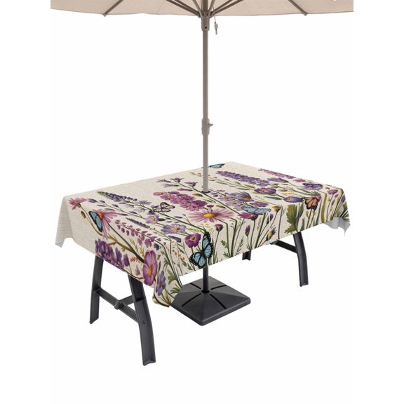 Outdoor Tablecloth with Umbrella Hole for Patio/Picnic/Party/Camping, Purple Flowers Waterproof Table Cloth Rectangle Table Cover Washable, Spring Butterflies Lavender Daisy Beige (60"x 84")