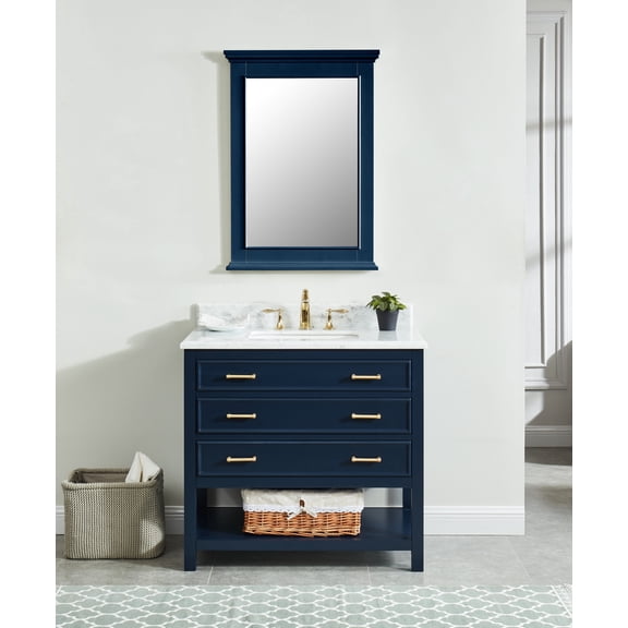 Manhattan 36" Single Bathroom Vanity, 37" W x 22" D x 34.5" H, Carrara Marble Top with Sink & Backsplash, Navy Blue, Solid Wood, Pre-Assembled, 3 Soft-Close Drawers, 1 Shelf.