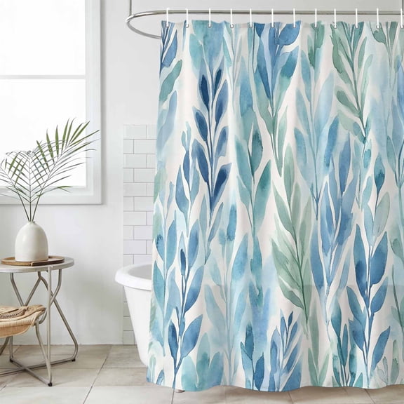 Blue Green Leaf Small Stall Shower Curtain, Waterproof Shower Curtains for Bathroom, Summer Vintage Watercolor Plant Washable Fabric Cloth Bath Curtain for Bathtub Decoration with Hooks 36x72 Inches