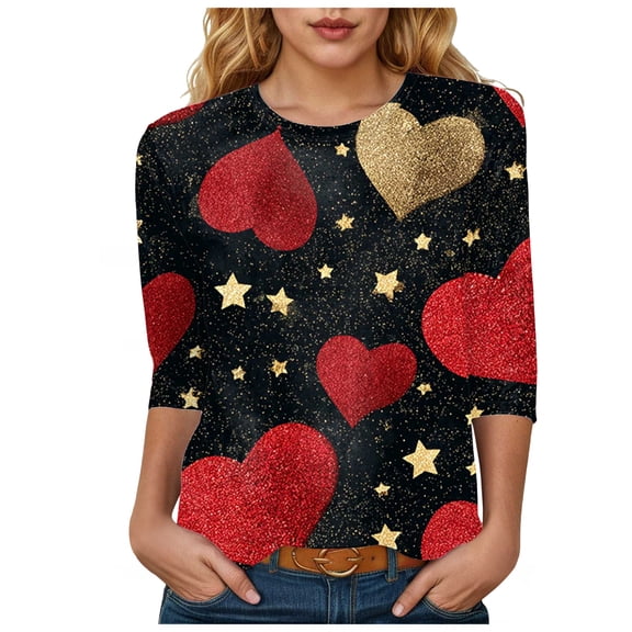 felwors 3/4 Length Sleeve Womens Tops, Spring Summer Tops Crew Neck Floral Print Workout Shirts for Women Loose Fit (Red, XXXL)
