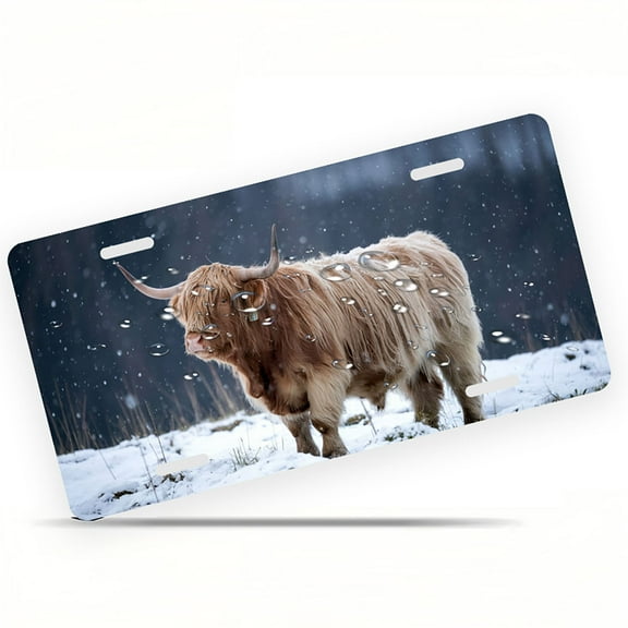 Highland Cow in Snow Funny Personalized License Plate Rust-proof Stainless Steel Metal License Plate Suitable For Men And Women 12.2" x 6.2"