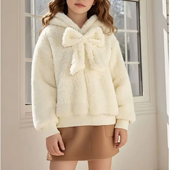 HCYSFG Girls Solid Color Bowknot Hoodies Long Sleeve Sweatshirt Heavyweight Fall Winter Daily Loose Fit Pullover Top