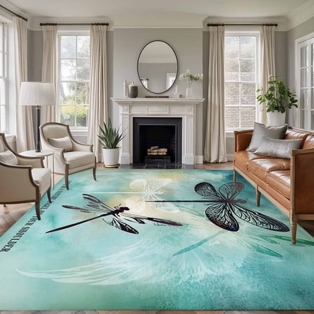 5x7 Washable Area Rug Dragonfly Non-Slip Large Rectangle Rug for Living Room Bedroom Abstract Animal Teal Green Yellow Gradient Text Indoor Floor Mat for Home Decor