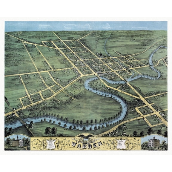 Historic Map of Warren Ohio 1870 Trumbull County Canvas Art -  (18 x 24)