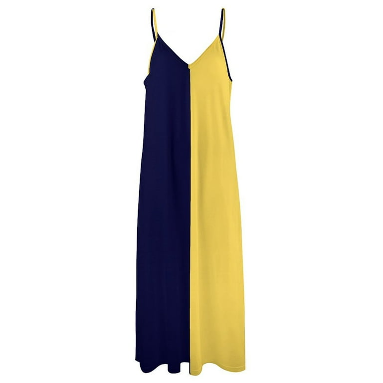 Navy Blue And Mustard Yellow Half And Half Sleeveless Dress women's  clothing korea stylish women's summer dresses