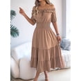 thumbnail image 4 of Women'S Summer Short Sleeves Ruffled Off Shoulder A-Line Midi Dresses Khaki L, 4 of 9
