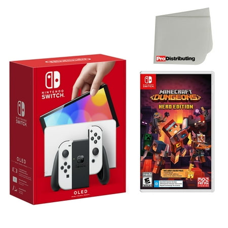 Nintendo Switch OLED Console White with Minecraft Dungeons Hero Edition and Screen Cleaning Cloth