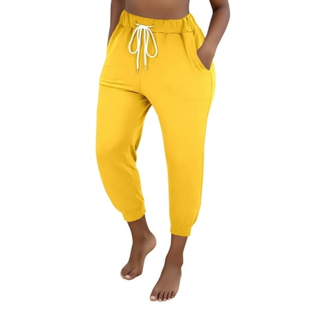 Linen Pants Women Solid Color Waisted Lace Up Small Toe Temperament Casual Trousers Womens Pants Streetwear Yellow L
