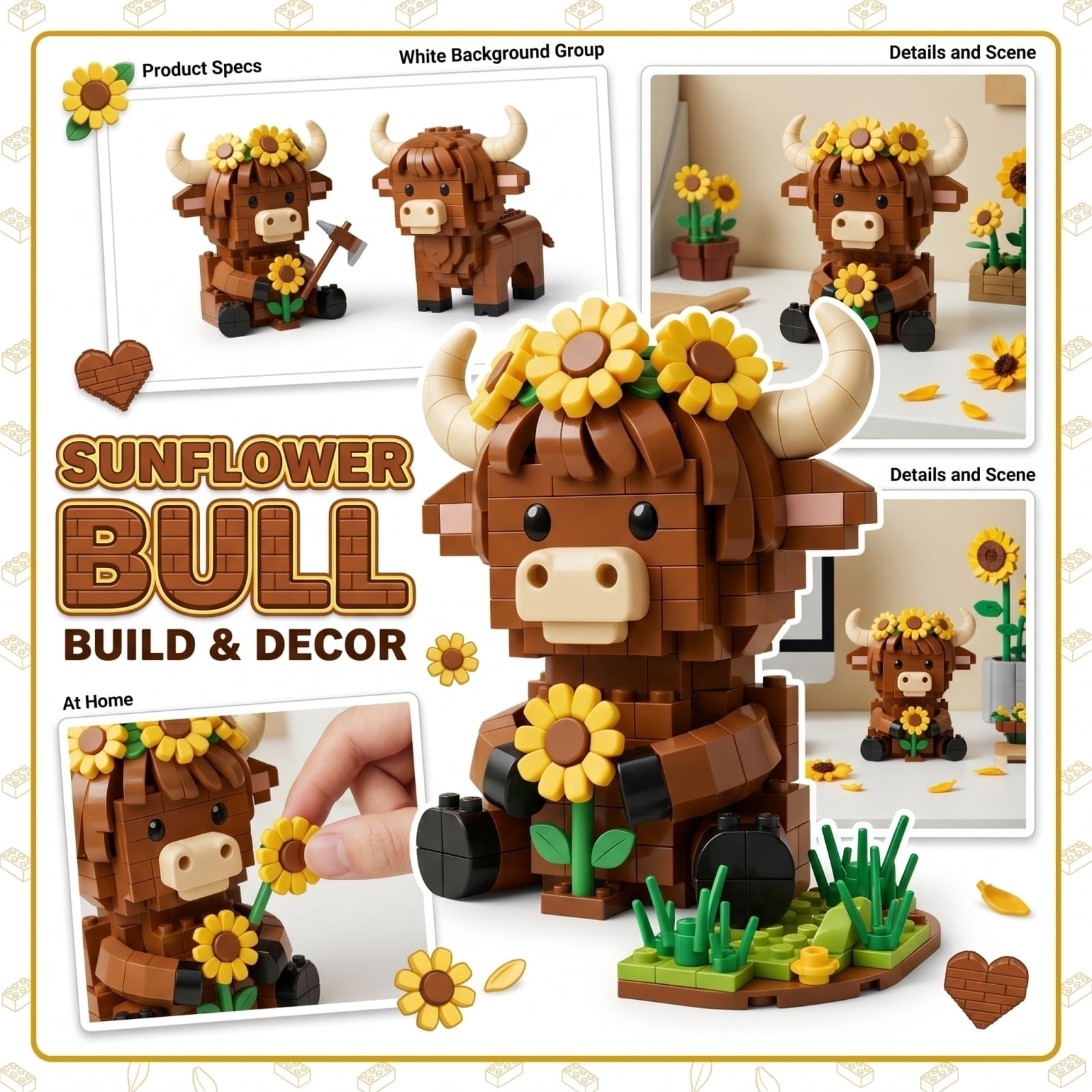 Highland Cow Building Blocks Set, Collectible Animal Building Toy, Creative Scottish Cow Sunflower Brick Set for Adults, DIY Home Office Decor, STEM Education-Gift Ideas