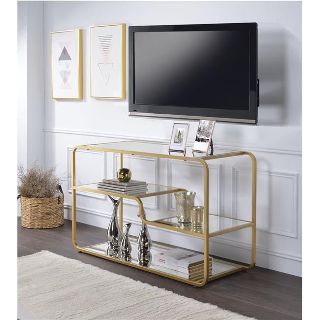 Benzara BM194282 Modern Metal Framed TV Stand with Mirrored Open