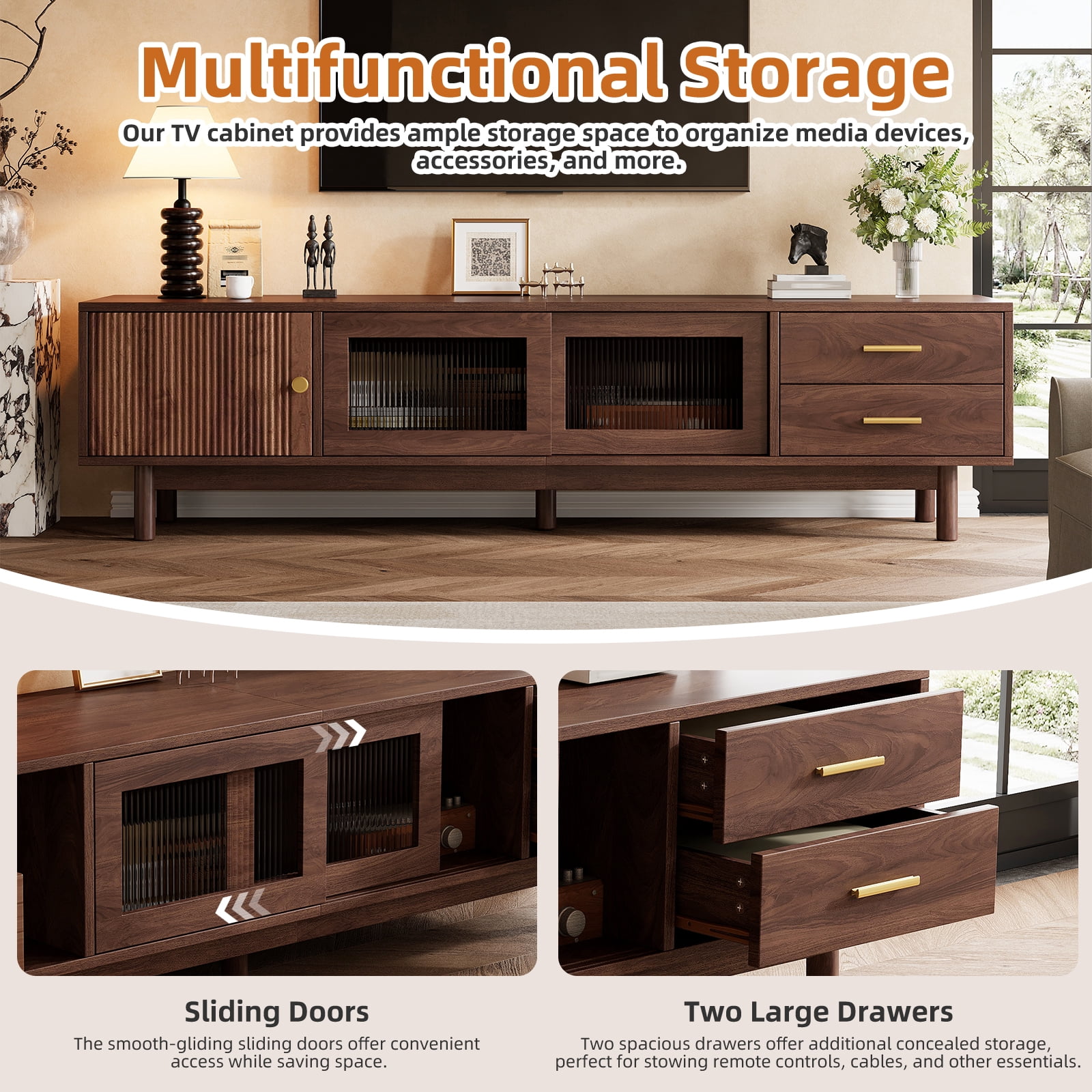 TV Stand for TVs up to 80 Inch, Entertainment Center with Glass Sliding Doors & 2 Drawers, Mid-Century Modern Media Console for Living Room