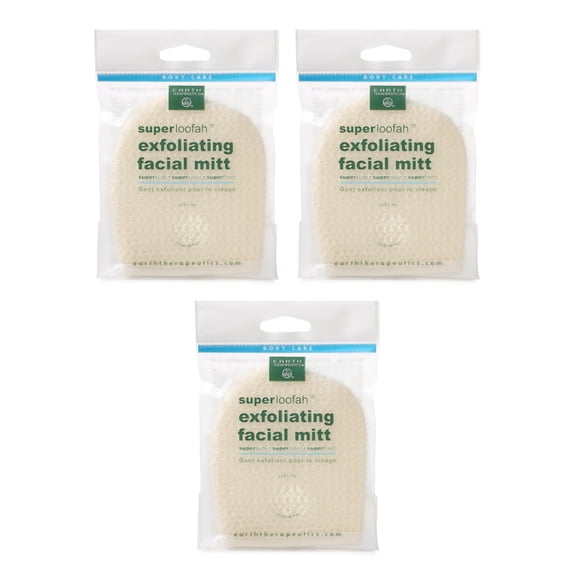 Earth Therapeutics Loofah Super Exfoliating Pour Facial Skin Mitt, 3 Pack