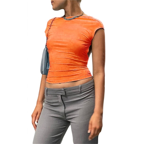 Sunloudy, blusas cortas para mujer, suéter de moda de Color sólido de manga corta para mujer, camiseta reversible en la parte delantera y trasera, rojo/azul Sunloudy moda
