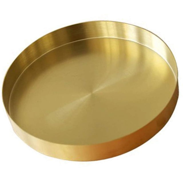 2Pcs Round Gold Tray,Metal Decorative Tray Makeup Tray Organizer for Vanity,Matte Brass Finish, 4.9 Inch & 7.9 Inch