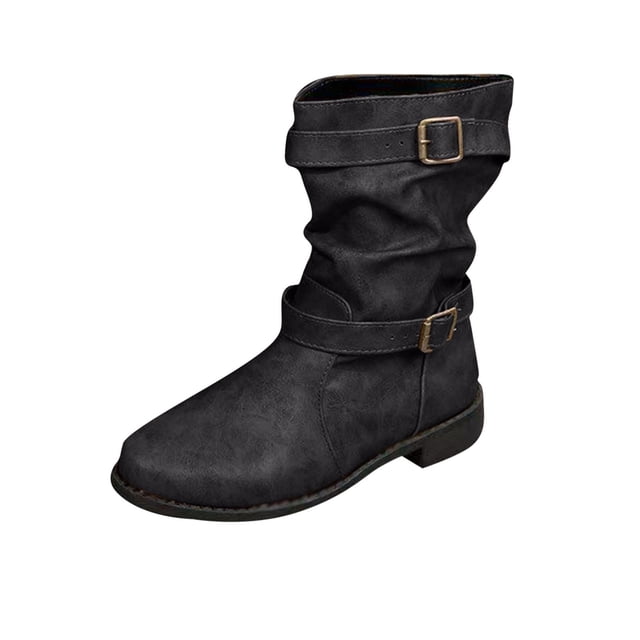LOVZFMLL Boots for Women Mid Calf Stovepipe Boots Buckle Round Toe Slip Resistant Low Block Heel Suede Fall Winter Boots