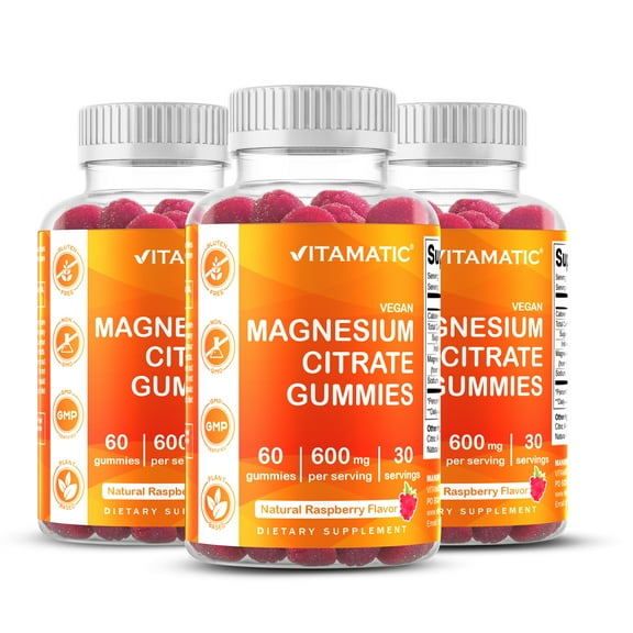 3 Pack - Vitamatic Magnesium Gummies 600mg per Serving - 60 Vegan Gummies - Promotes Healthy Relaxation, Muscle, Bone, & Energy Support