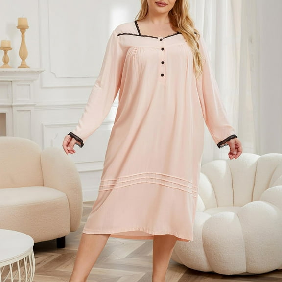 Sakmal Pink Cotton Nightgowns for Women Comfy Cotton Soft Plus Size Pajama Dress Long Long Sleeve Square Neckline Solid Nightgowns XL-4XL