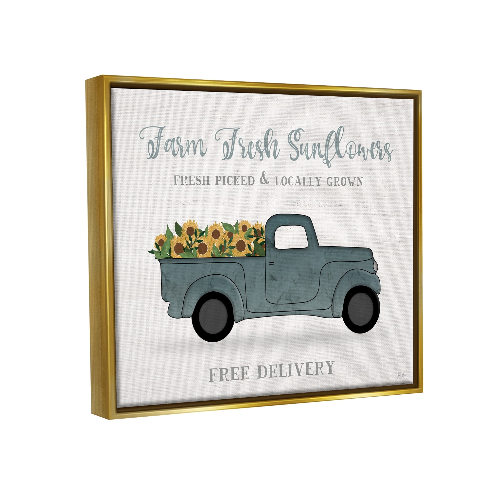Stupell Industries Farm Fresh Sunflowers Rustic Pickup Truck Sign Graphic Art Metallic Gold Floating Framed Canvas Print Wall Art, Design by Natalie Carpentieri